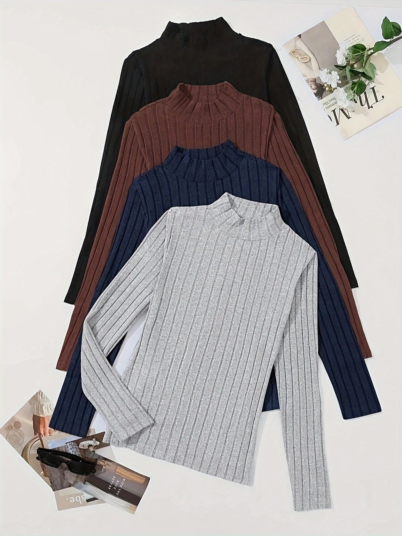 4pcs Solid Color Ribbed T-Shirt Set