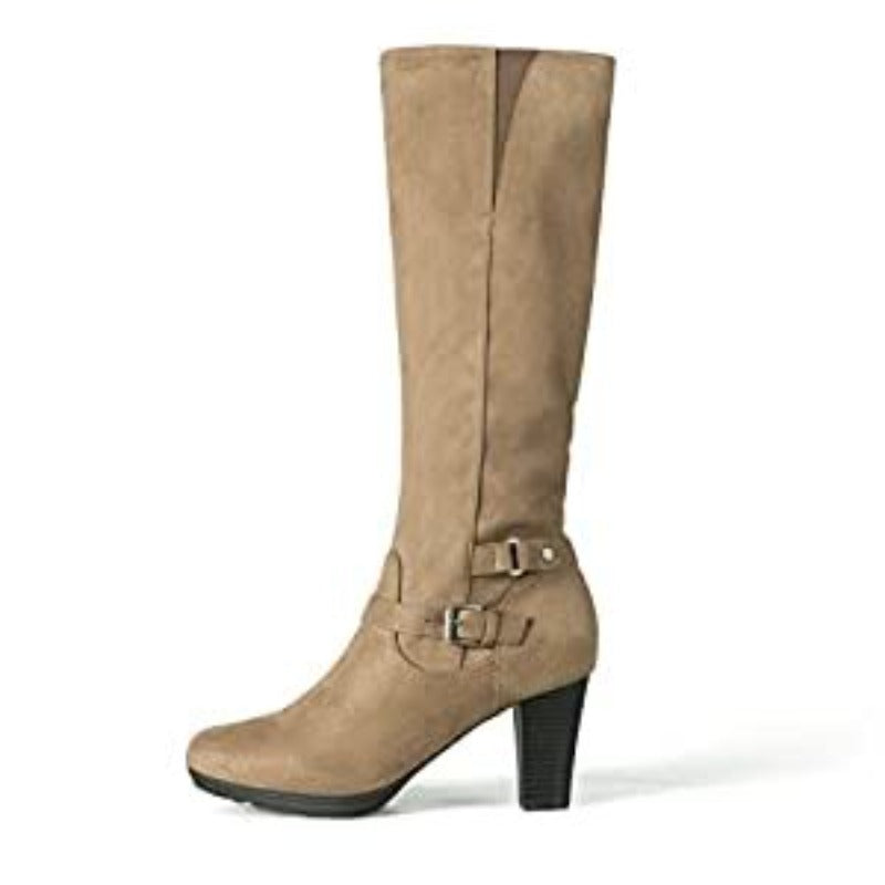 Women's Chunky Heel Knee-High Boots - Full-Length Round Toe PU Dress Boots with Back Zipper Closure, Thick Platform Heel (TPR Sole) & PU - Elegant Brown/ for Dresses, Skirts, Jeans - Versatile Fall Outfit