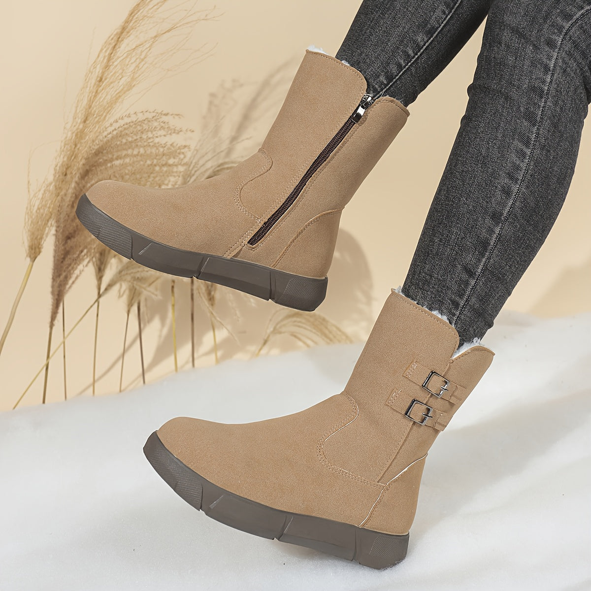 Women'S Cozy Fleece-Lined Winter Boots with Zipper Closure - Round Toe, Low Heel, Synthetic Cover Upper, Rubber Sole, Casual Style for All-Season, Winter Boots For Women, Cold Weather Footwear