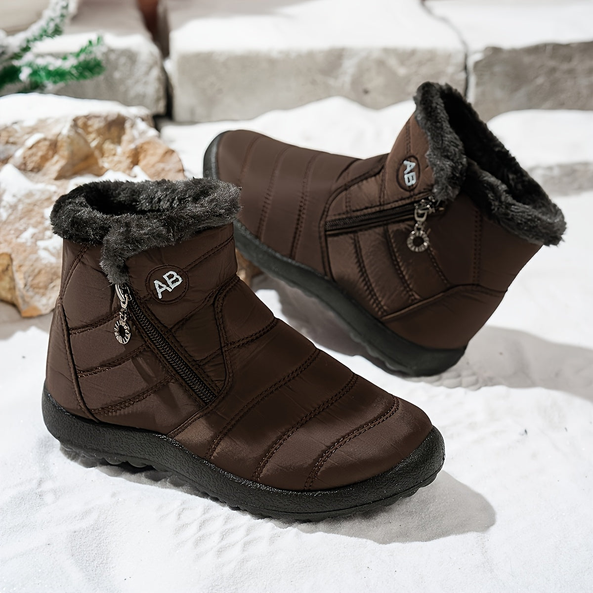 Women'S Winter Snow Boots - Cozy Fleece Lined Round Toe Zipper Closure, Flat Sole Warmth for Outdoor Activities, Solid Color Winter Shoes, Winter Boots, Cozy Footwear, Fabric Upper