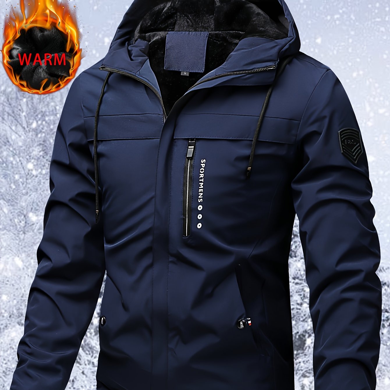 Men's Heavy-Duty Windproof Winter Jacket with Full-Zip Hooded Hoodie, & Snowboard Coat - Machine Washable Cold Weather Gear, Long Sleeve Zippered Pockets (No Belt) for Hiking, Snow Travel - Black/Blue Color Options (