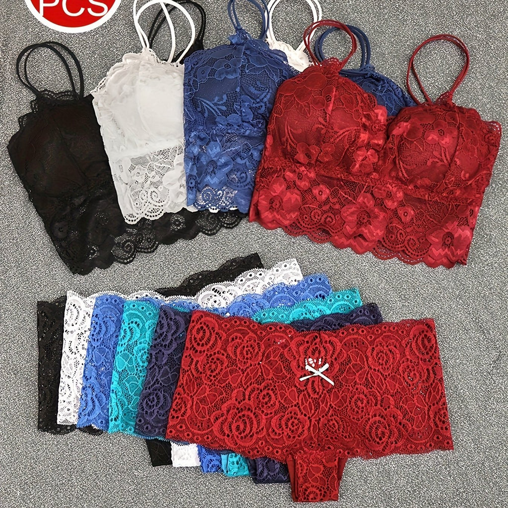 10pcs Of Women'S Underwear And Panties Combination Set Without Steel Rims, Comfortable Daily Exquisite Lace Bra Base, Beautiful Back, Seamless Suspender with Chest Cushion, Detachable Bra, Lace Underwear, Women'S Underwear An