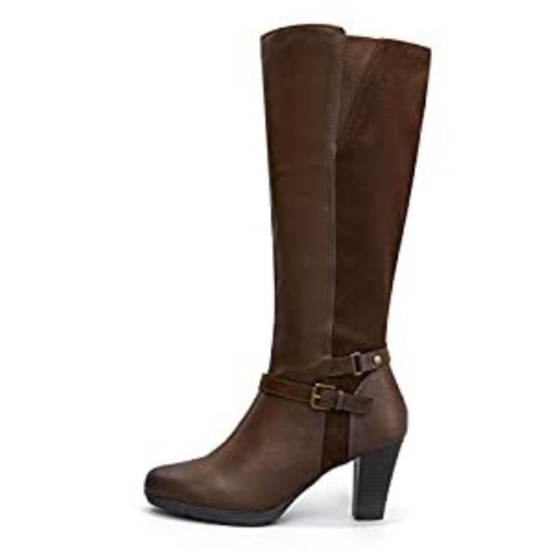 Women's Chunky Heel Knee-High Boots - Full-Length Round Toe PU Dress Boots with Back Zipper Closure, Thick Platform Heel (TPR Sole) & PU - Elegant Brown/ for Dresses, Skirts, Jeans - Versatile Fall Outfit