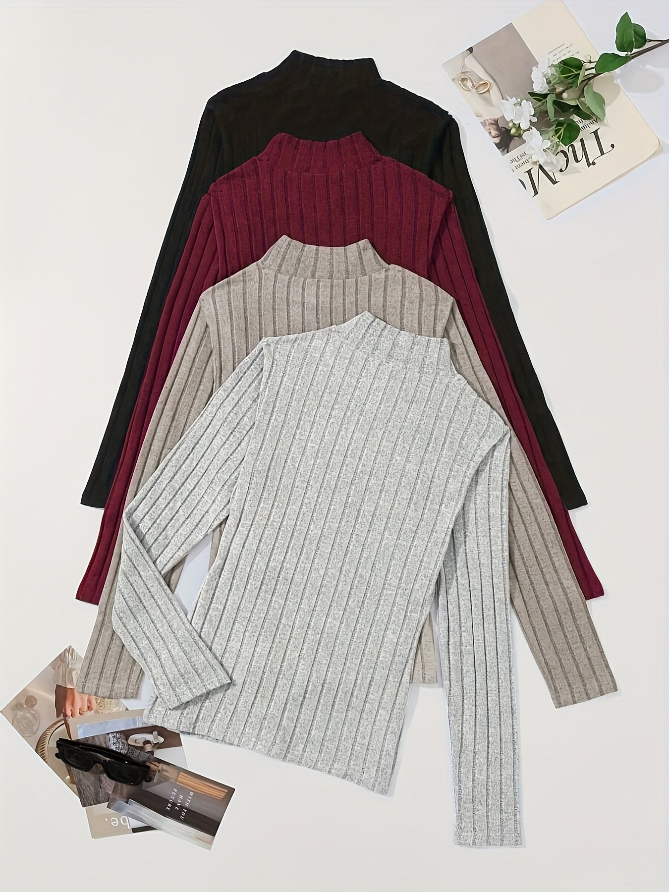 4pcs Solid Color Ribbed T-Shirt Set