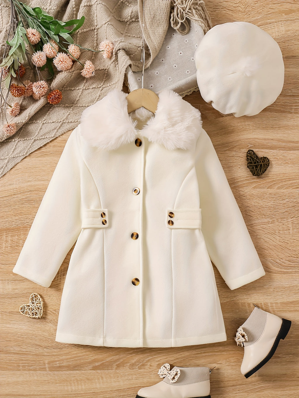 Girls' Luxurious Winter Coat Set - Elegant Dress Coats with Fur Collar, Button Front, and Matching Hat - Warm, Stylish, and Chic Outerwear for Cold Weather