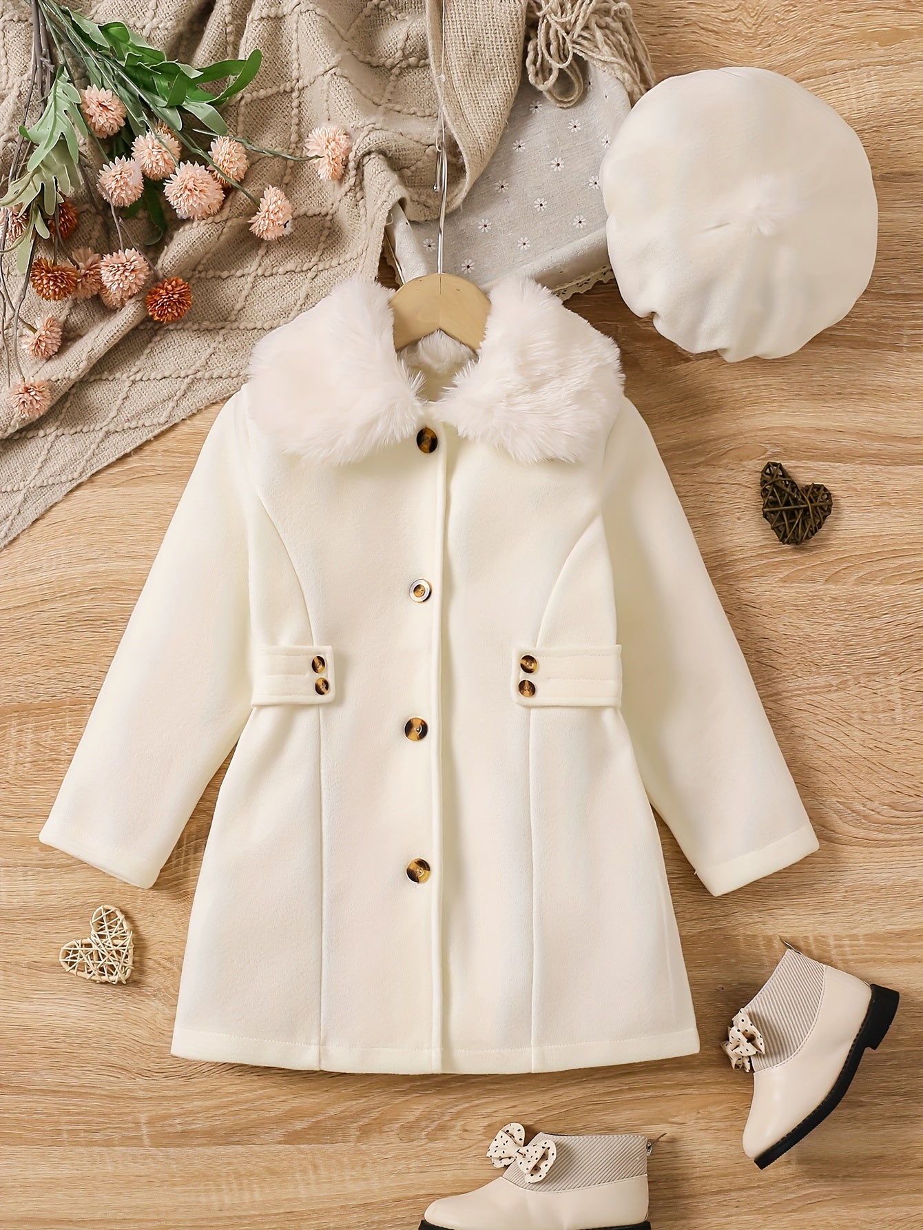 Girls' Luxurious Winter Coat Set - Elegant Dress Coats with Fur Collar, Button Front, and Matching Hat - Warm, Stylish, and Chic Outerwear for Cold Weather
