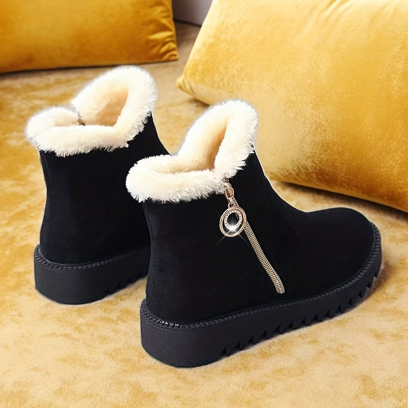 Women'S Winter Snow Boots with Side Zipper & Rhinestone Chain - Thick Rubber Sole, Warm Fleece Lining, Round Toe & Cushioned Insole - Elegant Casual Boots for