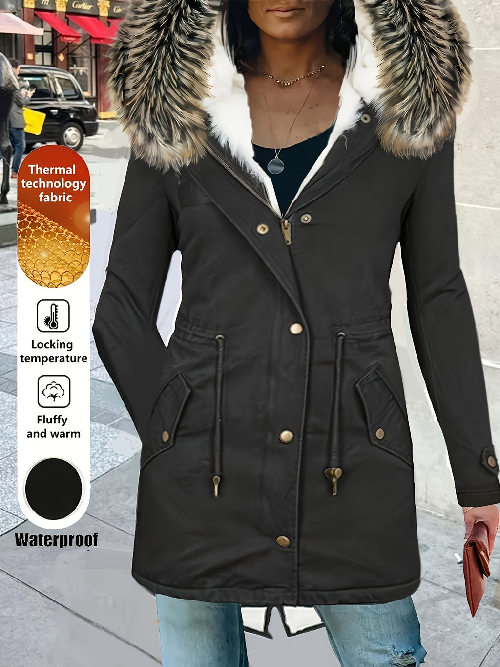 Women'S Thermal Insulated Fleece-Lined Military Parka Coat with Detachable Faux Fur Hood & High Quality High Quality Fabric - Heavy-Duty Winter Jacket, Full-Zip Closure, Golden-Tone Hardware, Utility Pockets, Adjustable Draws