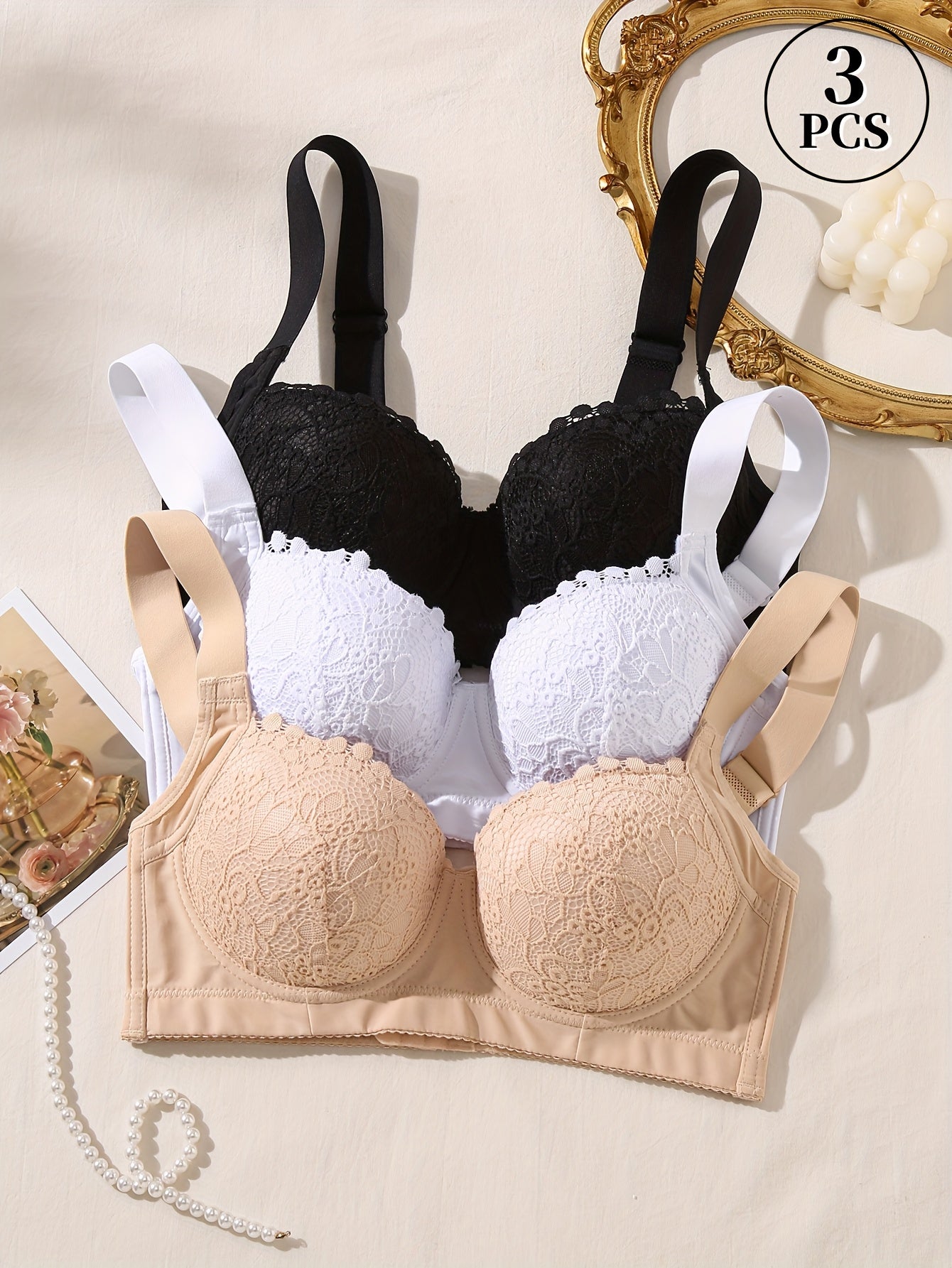 3pcs Elegant Ladies Sexy Lace Bra with Steel Cup - Non-detachable Pads, Exquisite Floral Pattern, Comfortable Support Design, Everyday Lingerie, Women's Undergarments, Feminine Lingerie, Stylish Bralettes, Delicate Stitching,