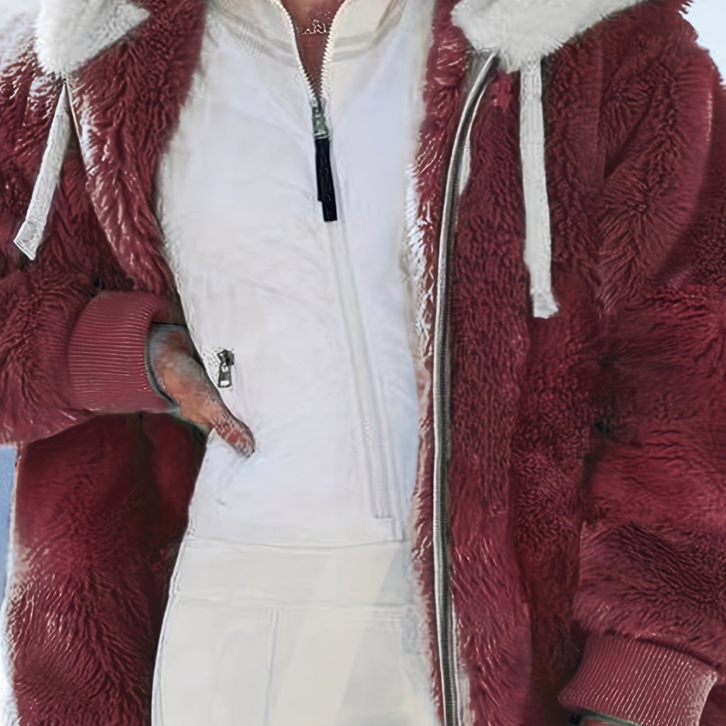 Women'S Y2K Plush Zip-Up Hooded Jacket - Mint Green Loose Fit with Pockets, Soft Faux Fur Lining, Machine Washable for Spring Summer Fall Casual Outerwear, Seasonal Fashion, Hooded Design, Durable Construction, Stylish Coat,