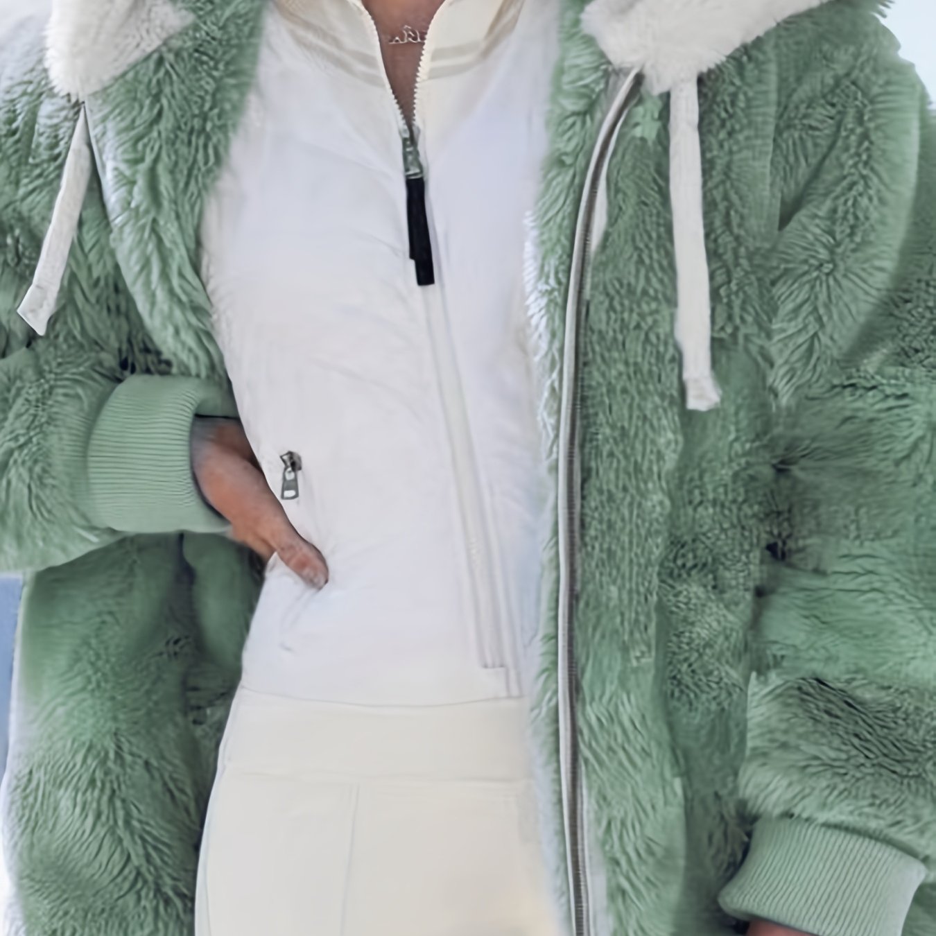 Women'S Y2K Plush Zip-Up Hooded Jacket - Mint Green Loose Fit with Pockets, Soft Faux Fur Lining, Machine Washable for Spring Summer Fall Casual Outerwear, Seasonal Fashion, Hooded Design, Durable Construction, Stylish Coat,