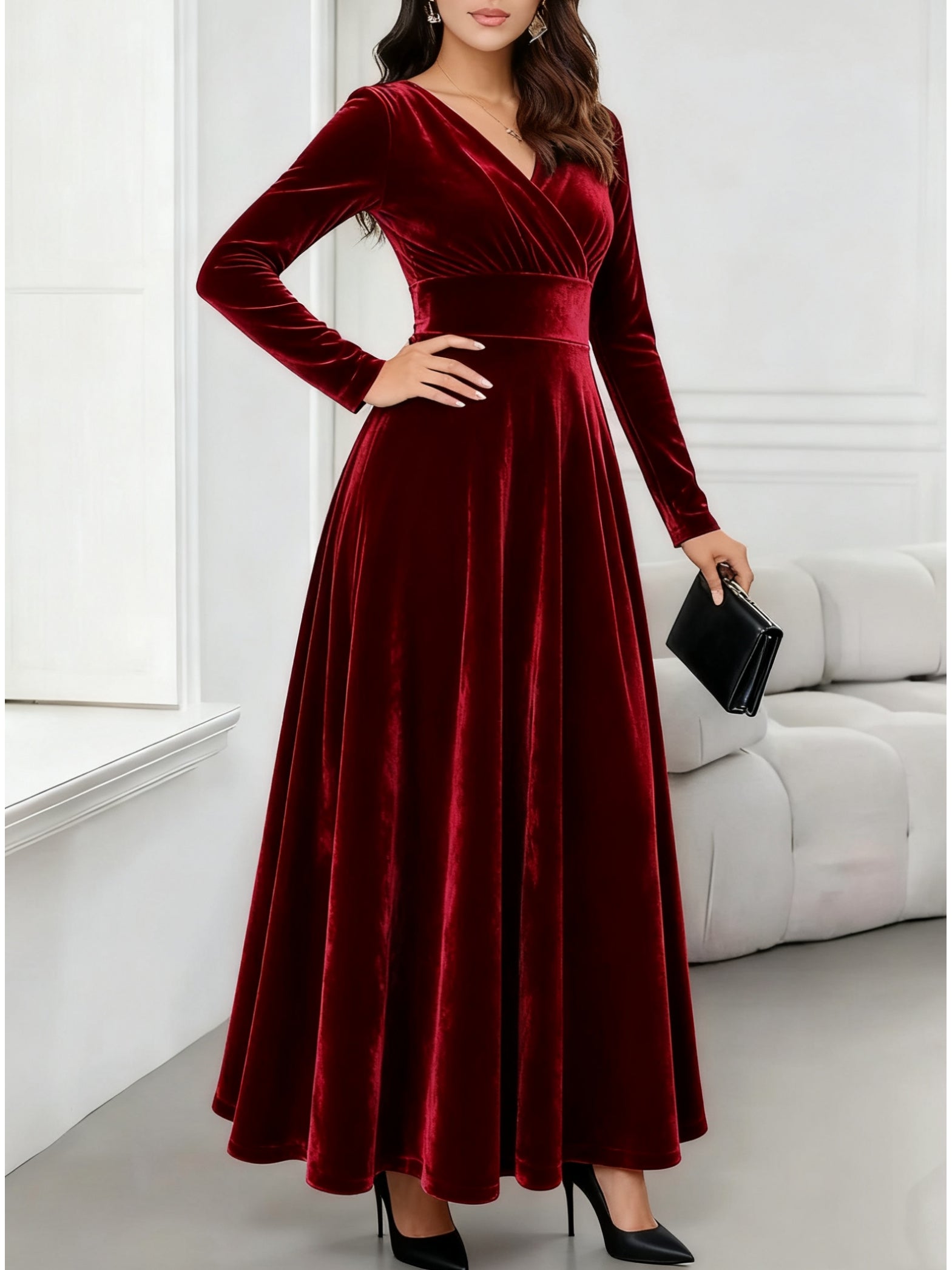 Women'S Elegant Navy Formal & party dress - Long Sleeve flared gown, V-Neck Evening Gown for Galas, Awards, Everyday - Fall Winter Formal Attire