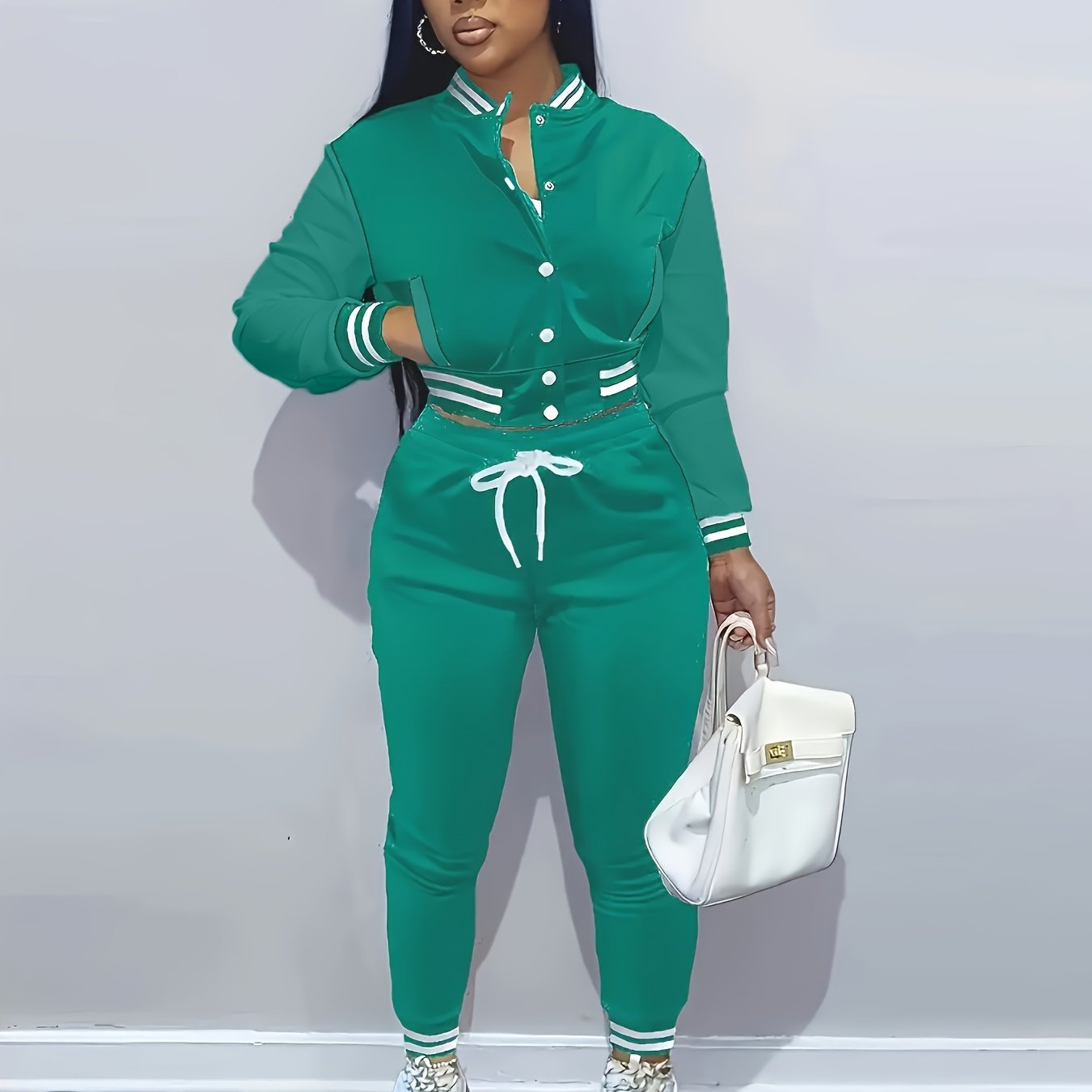 Women'S Casual Baseball Jacket and Pants Set - Solid Color, Long Sleeve, Regular Fit, Two-Piece with Single-Breasted Buttons, Casual |Casual Style|Singlebreasted Jacket