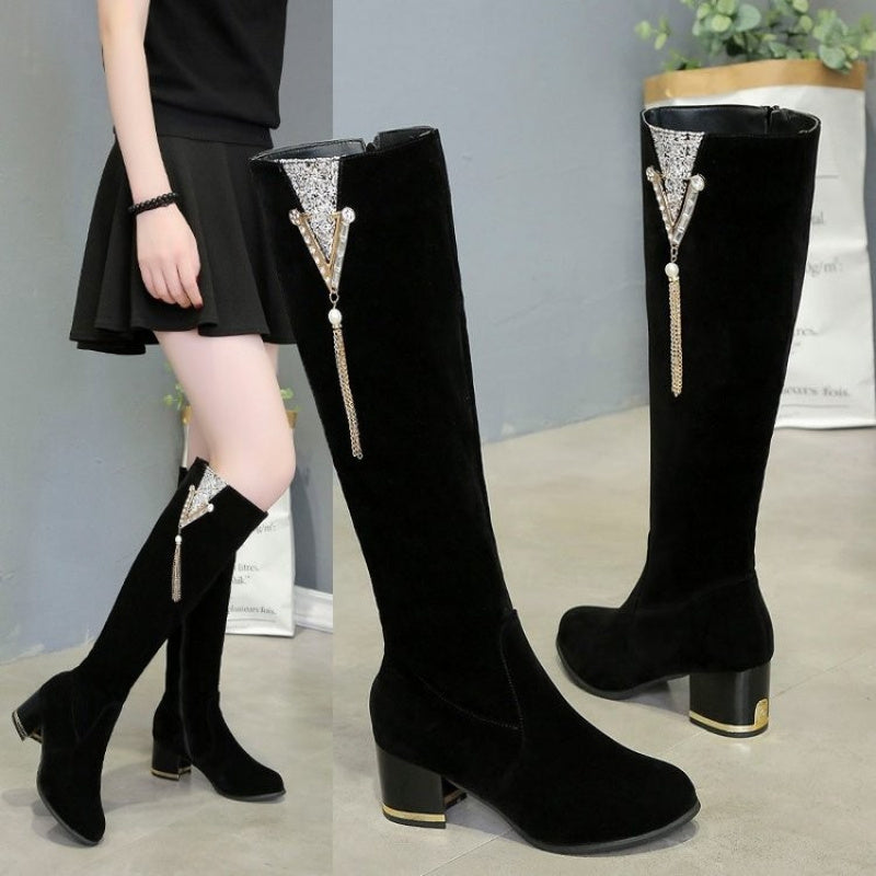 Women's Chunky Heel Over-the-Knee Boots - -Like Upper (Black) with Golden-Tone Zippers, Round Toe Winter Boots, Thick Platform Heels for Dress Boots, Casual & Formal Wear - Easy-Care (No Polish) Durable Rubber Sole