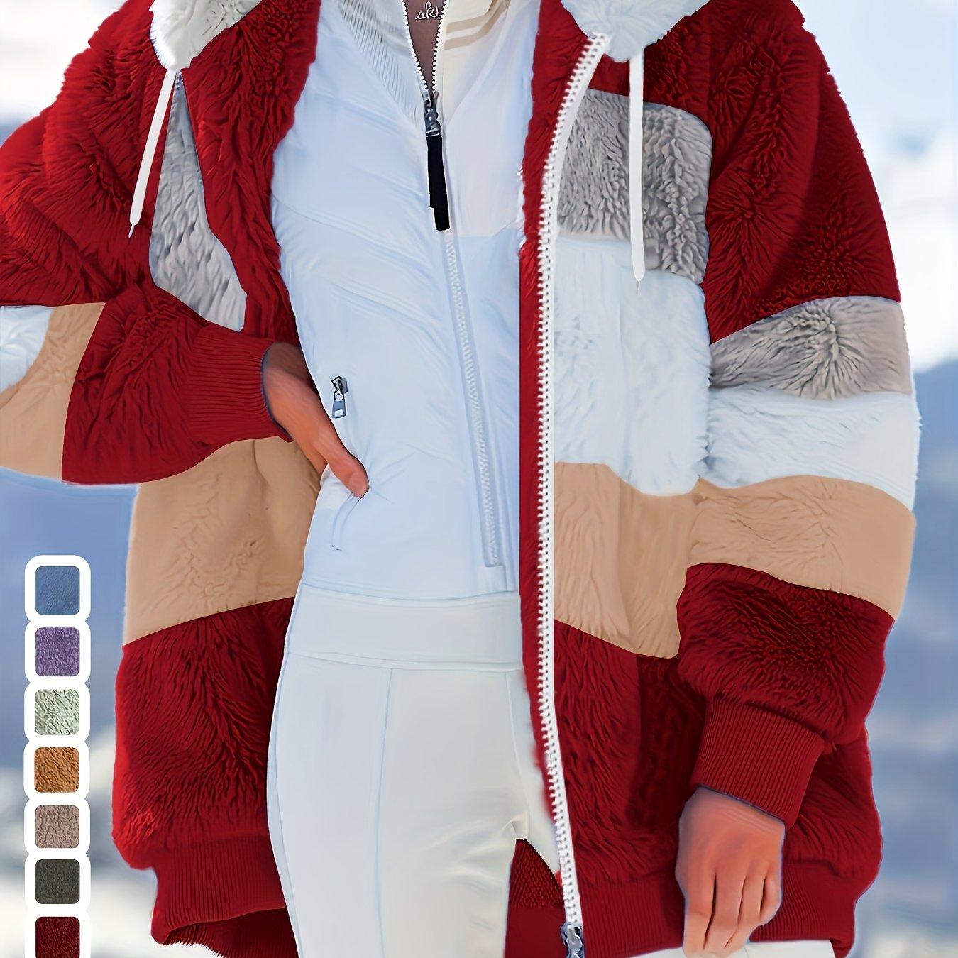 Women's Winter Plaid -Lined Hooded Jacket - Burgundy/Beige//White/Black/Grey/Green/Brown, Loose-Fit Coat with, Machine Washable & Snow Jacket for Cold Weather (Multi-Color Options)