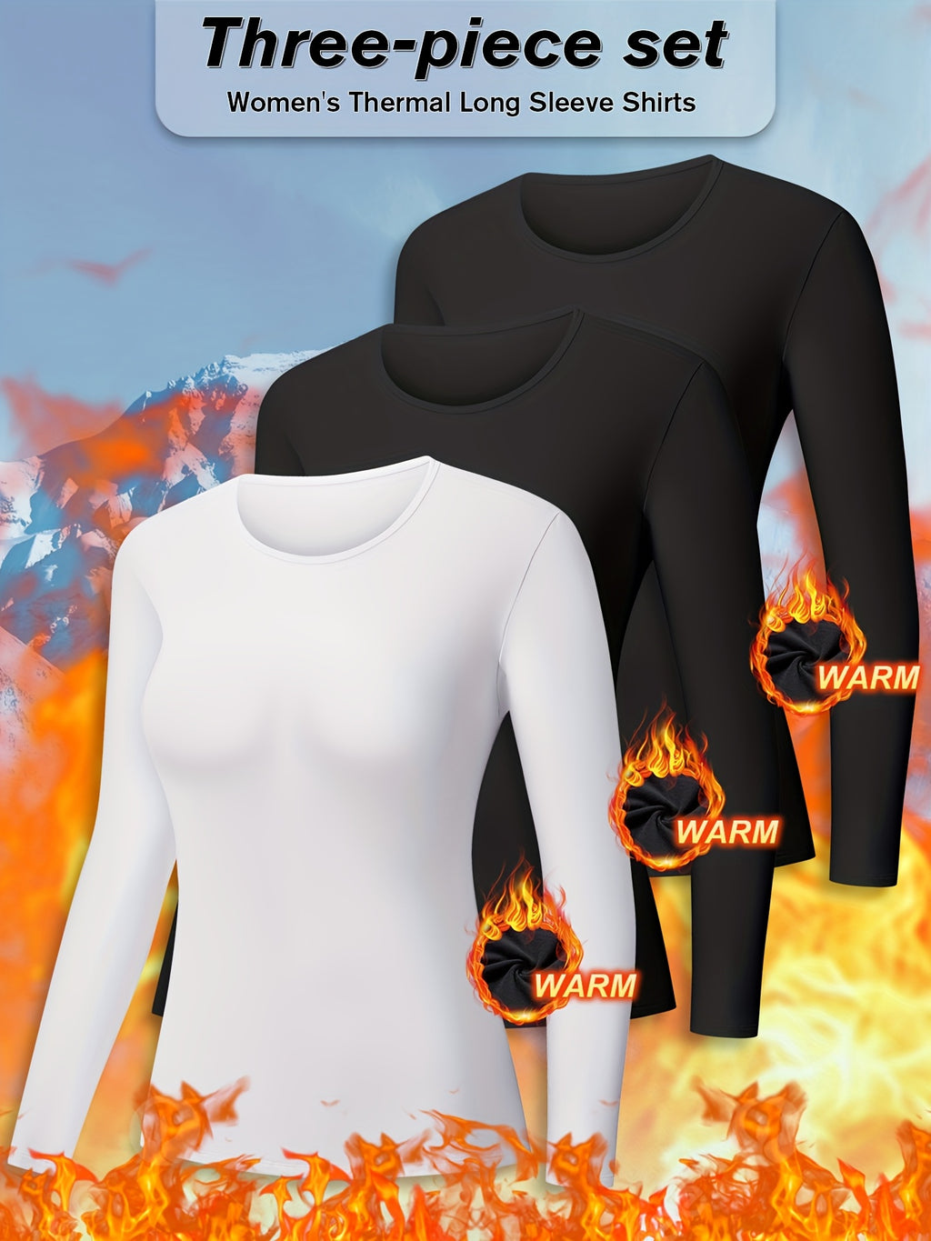 3pcs Women's Thermal Tops Fleece Lined Base Layer Soft Stretchy Long Sleeve Undershirts for Cold Weather, Winter Essentials, Layering Basics, Cozy Loungewear, Minimalist Style, Comfortable Fit, Fleece Undershirt, Women's Fash