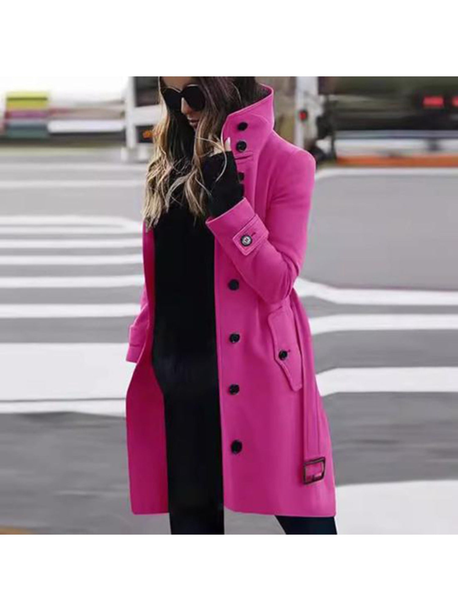 Women's Elegant Single-Breasted Stand Collar Winter Pea Coat - Long Midi Length Jacket with Pockets, Solid Color Business Casual Outerwear for or Cold Weather, Hand Washable Coat