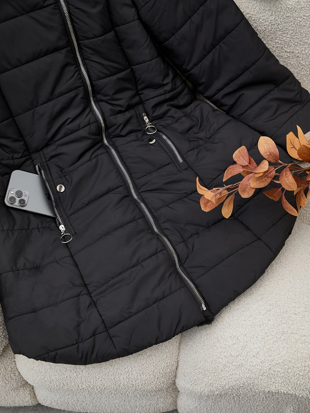 Women'S Elegant Mid-Length Black Coat with Hood - Winter Warmth, Zipper Pockets & Full-Zip Closure, Soft Lining, Structured Fit, Long Sleeve Non-Stretch Outerwear for Fall & Winter, Casual to Formal Outfits (No Belt Required)