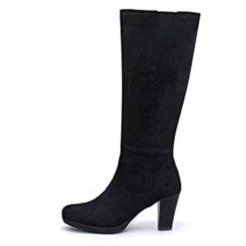 Women's Chunky Heel Knee-High Boots - Full-Length Round Toe PU Dress Boots with Back Zipper Closure, Thick Platform Heel (TPR Sole) & PU - Elegant Brown/ for Dresses, Skirts, Jeans - Versatile Fall Outfit