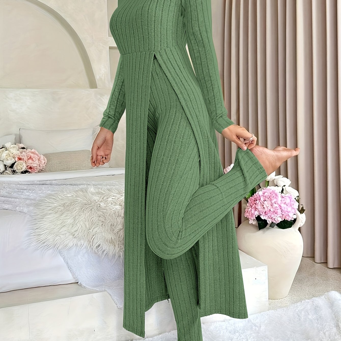[Targeted]Two-piece Set of Ribbed Long-sleeved Top and Pants for Women