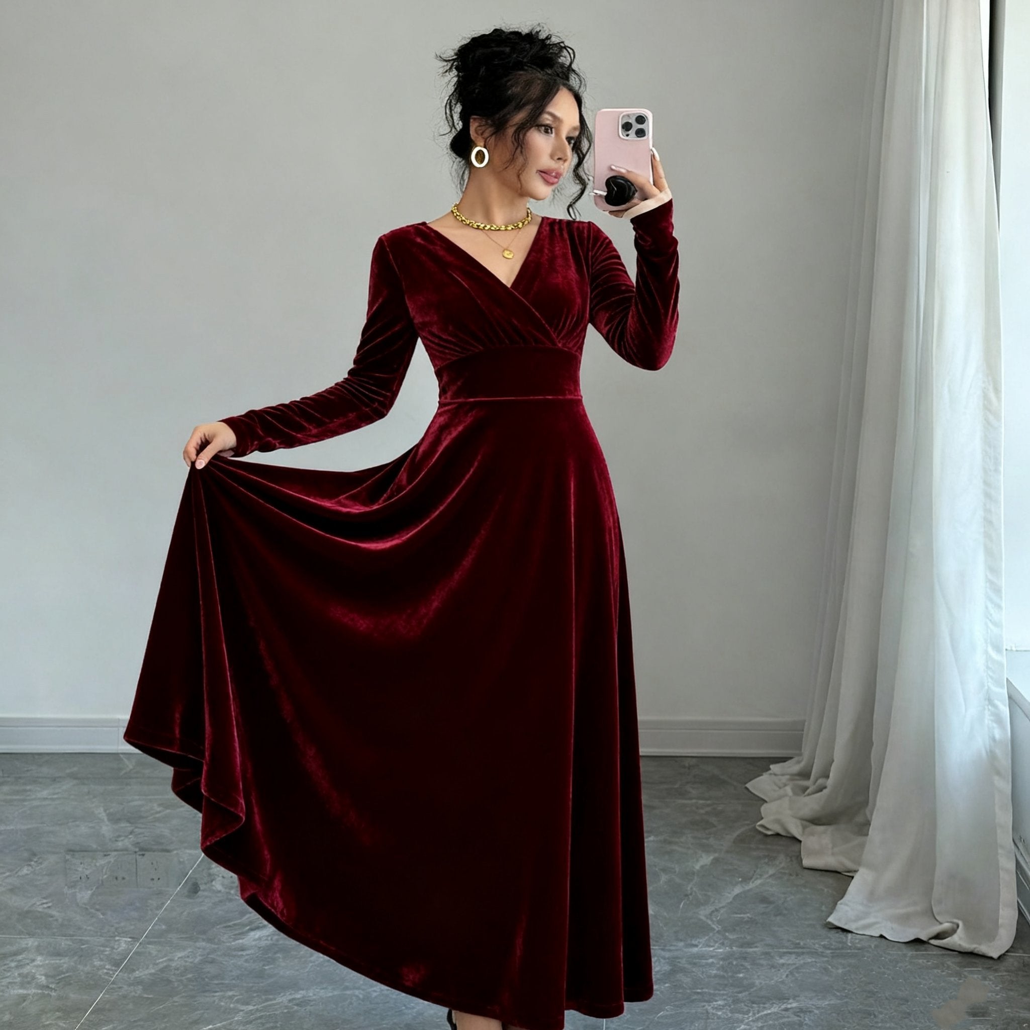 Women'S Elegant Navy Formal & party dress - Long Sleeve flared gown, V-Neck Evening Gown for Galas, Awards, Everyday - Fall Winter Formal Attire