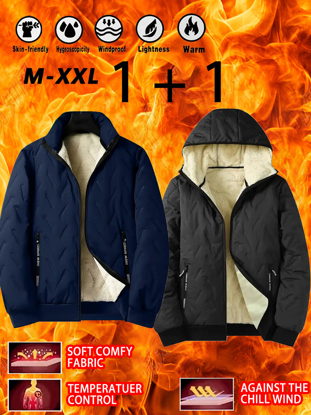 2pcs - High quality two-piece Men's standing collar jacket, long sleeved jacket, Men's hooded long sleeved jacket, Men's winter casual jacket set, with plush lining polyester fabric zipper pocket, suitable for sports, leisure