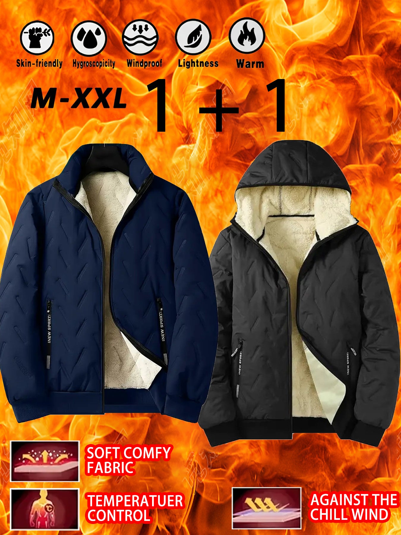 2pcs - High quality two-piece Men's standing collar jacket, long sleeved jacket, Men's hooded long sleeved jacket, Men's winter casual jacket set, with plush lining polyester fabric zipper pocket, suitable for sports, leisure