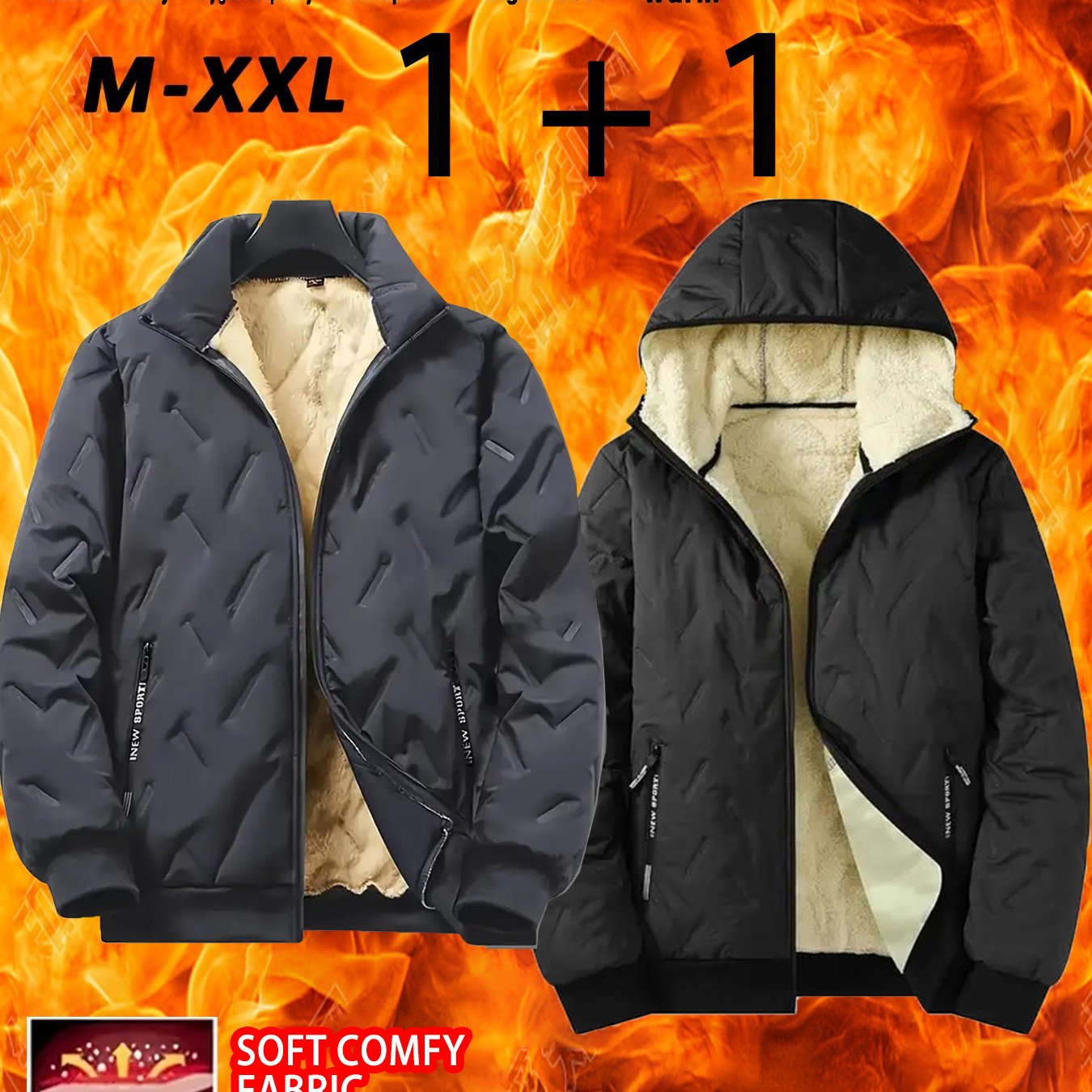 2pcs - High quality two-piece Men's standing collar jacket, long sleeved jacket, Men's hooded long sleeved jacket, Men's winter casual jacket set, with plush lining polyester fabric zipper pocket, suitable for sports, leisure