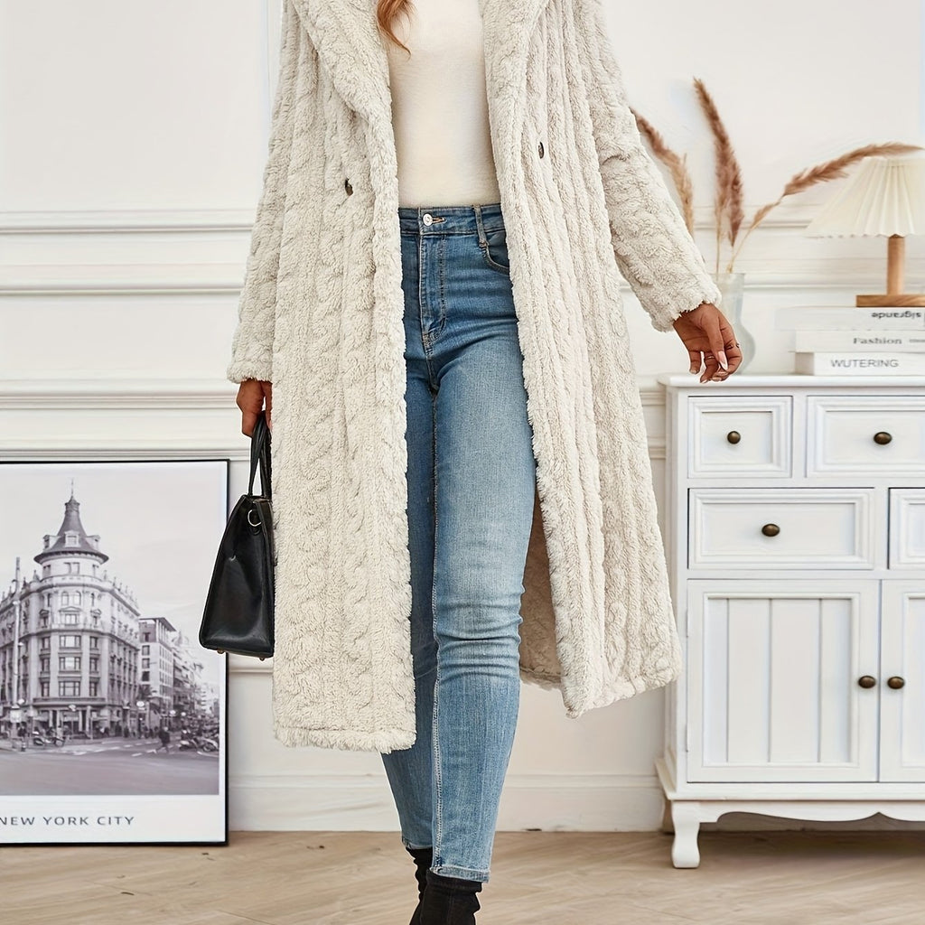 Women's Black Cable Longline Coat: Hooded Design (windproof & Trendy) + Cable Texture (luxurious Quality) + Extra-Long Fit (hides Flaws & Elongates Legs) + Thick & Warm (cold-resistant) + Black Hue (versatile for Any Outfit)