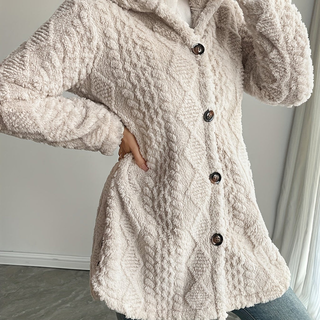 Elegant Beige Faux Fur Hooded Cardigan for Women - Long Sleeve, Button-Up Mid-Length Winter Coat with Pockets, Warm & Stylish Fall/Winter Outerwear, Cozy Clothing | Buttonup Cardigan | Structured Design