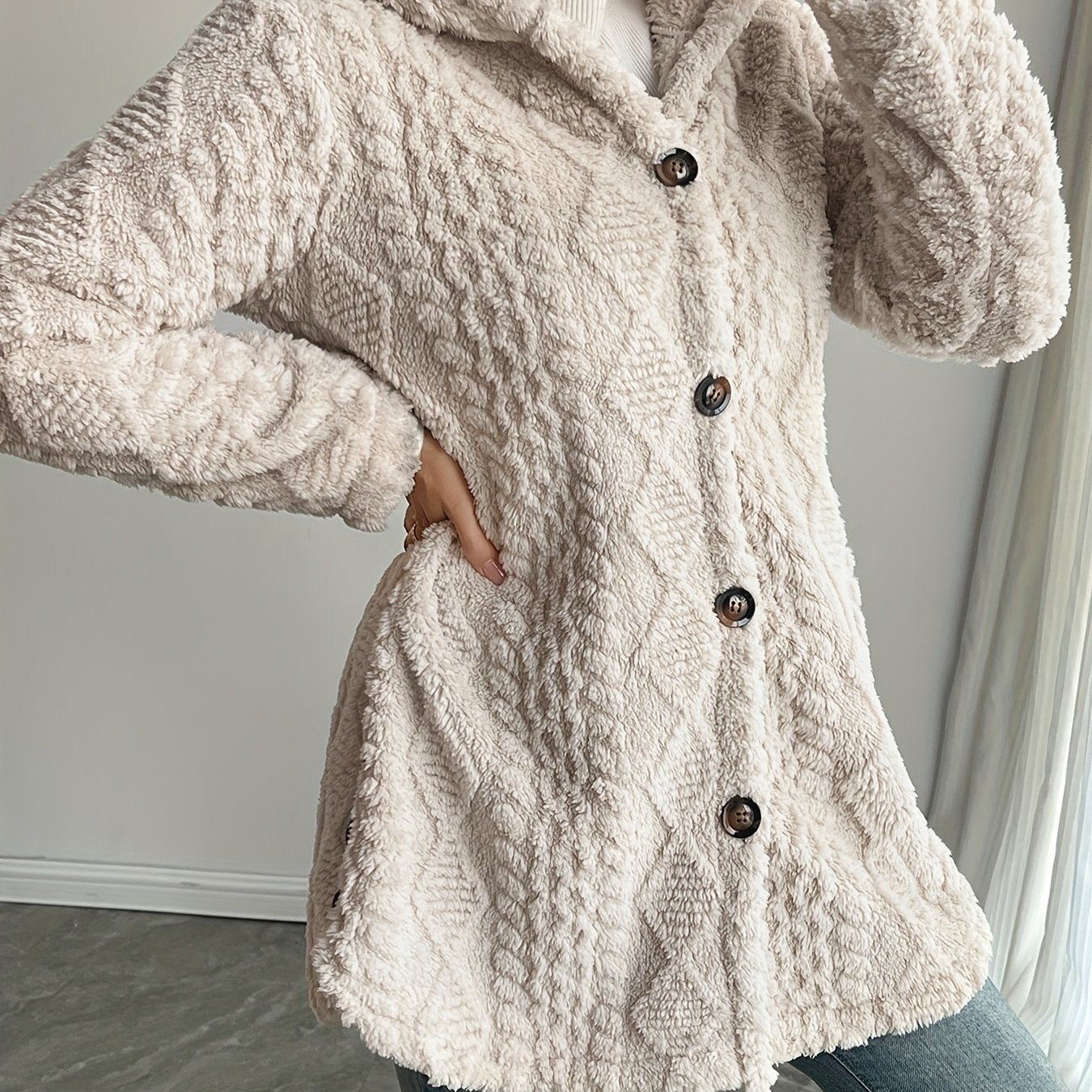 Elegant Beige Faux Fur Hooded Cardigan for Women - Long Sleeve, Button-Up Mid-Length Winter Coat with Pockets, Warm & Stylish Fall/Winter Outerwear, Cozy Clothing | Buttonup Cardigan | Structured Design