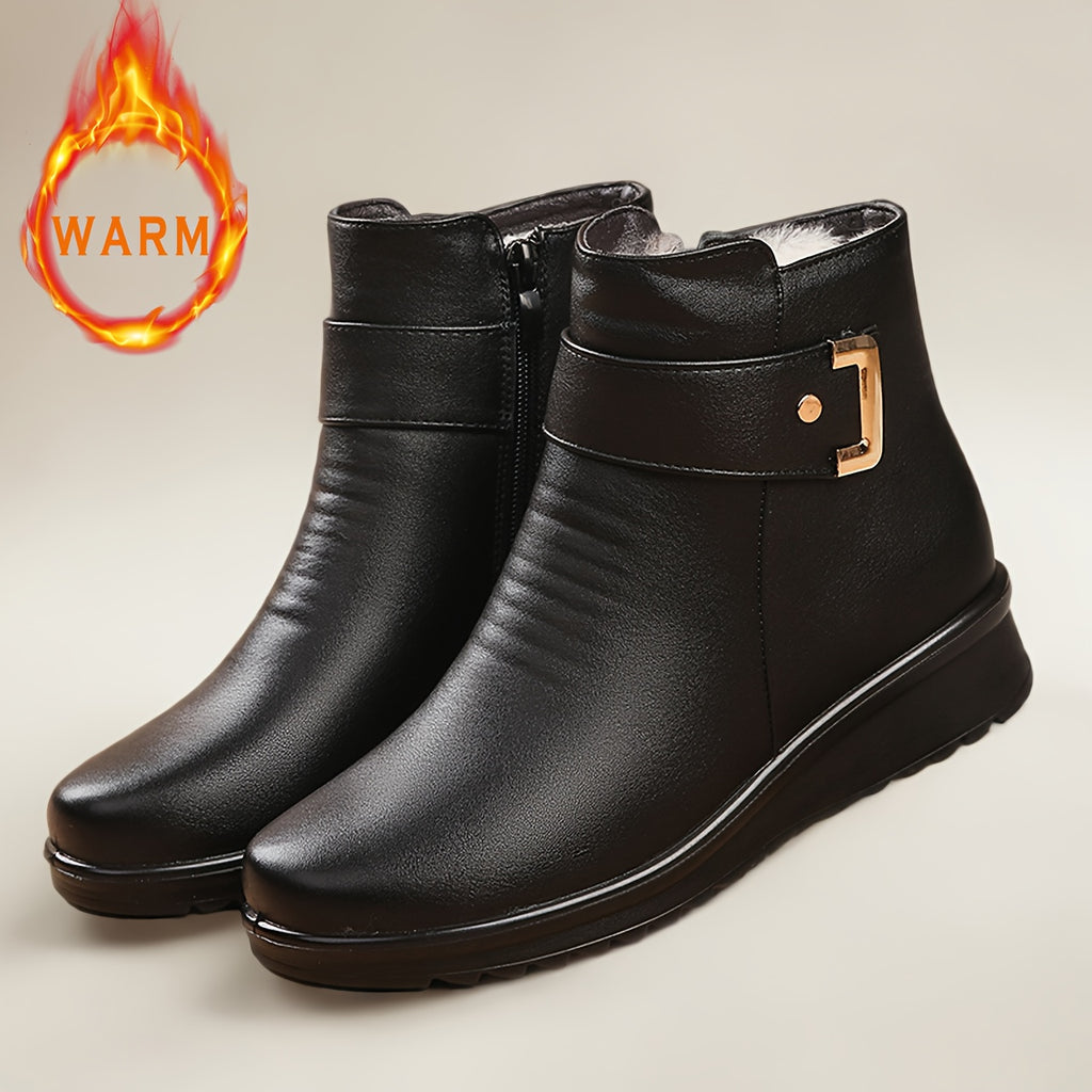 Women's Fleece-Like Winter Boots with Dress Compatibility - Retro Round-Toe Ankle Booties, Golden-Tone Buckle-Like Zipper Closure, Faux Cover Upper & PU Sole, Warm Round Heel for Dresses/Coutfits (Casual/Dressy) - Hand Washab