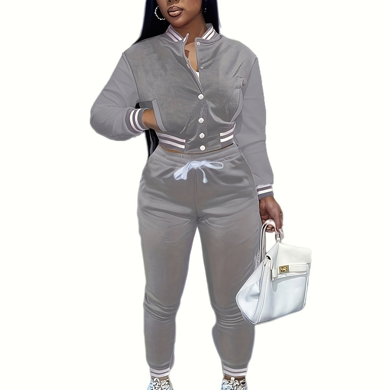 Women'S Casual Baseball Jacket and Pants Set - Solid Color, Long Sleeve, Regular Fit, Two-Piece with Single-Breasted Buttons, Casual |Casual Style|Singlebreasted Jacket