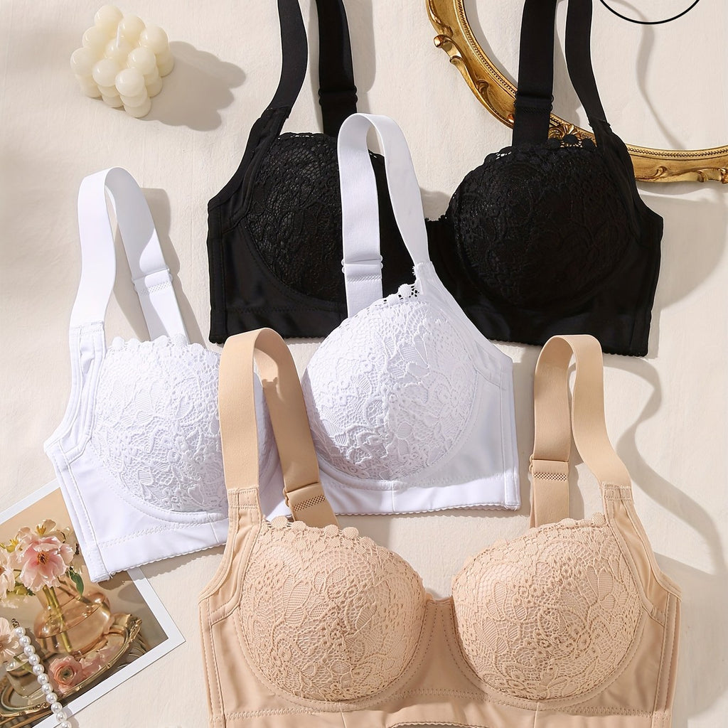 3pcs Elegant Ladies Sexy Lace Bra with Steel Cup - Non-detachable Pads, Exquisite Floral Pattern, Comfortable Support Design, Everyday Lingerie, Women's Undergarments, Feminine Lingerie, Stylish Bralettes, Delicate Stitching,