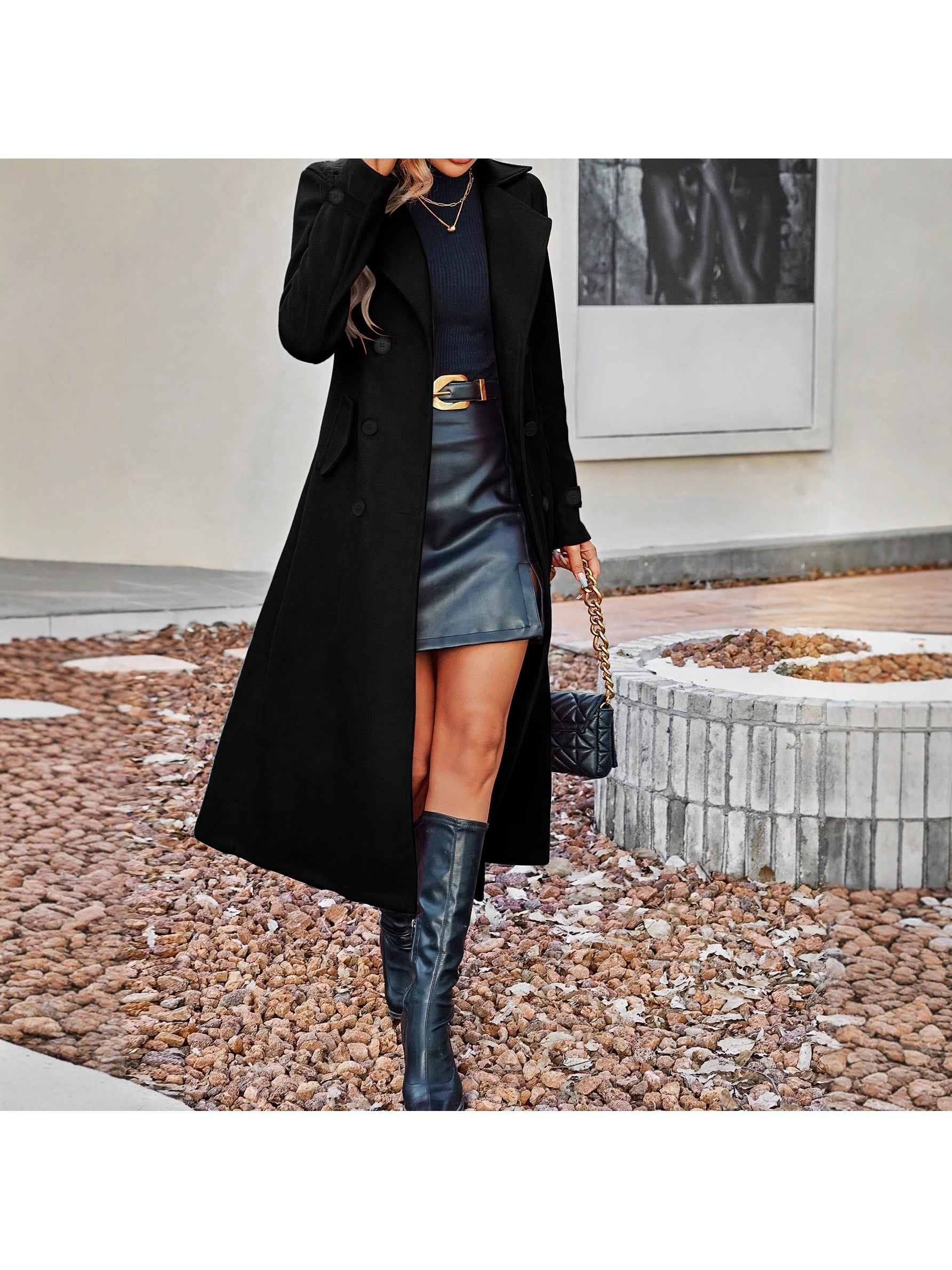 Women'S Elegant Double-Breasted Fleece Coat - Winter Warm Long Sleeve Trench Coat with Golden-Tone Buttons, Classic Solid Color (Beige/Navy/Black/Brown) | Structured Fit & Smooth Texture | Versatile Outerwear for Casual & For