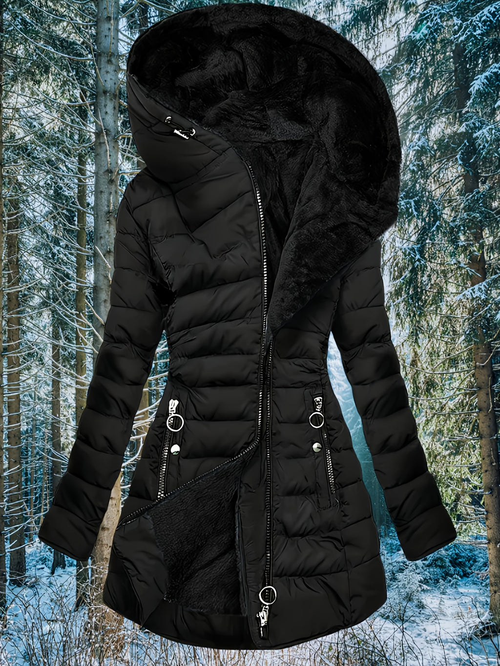 Women'S Elegant Mid-Length Black Coat with Hood - Winter Warmth, Zipper Pockets & Full-Zip Closure, Soft Lining, Structured Fit, Long Sleeve Non-Stretch Outerwear for Fall & Winter, Casual to Formal Outfits (No Belt Required)