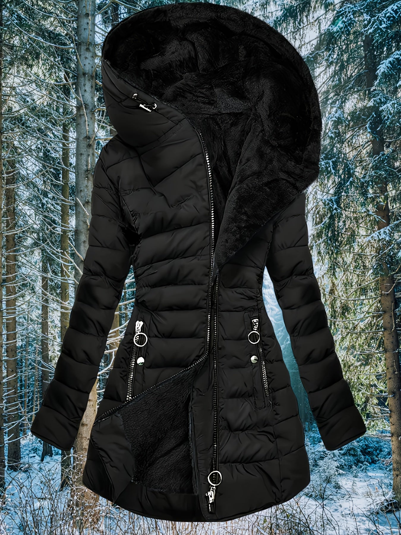 Women'S Elegant Mid-Length Black Coat with Hood - Winter Warmth, Zipper Pockets & Full-Zip Closure, Soft Lining, Structured Fit, Long Sleeve Non-Stretch Outerwear for Fall & Winter, Casual to Formal Outfits (No Belt Required)