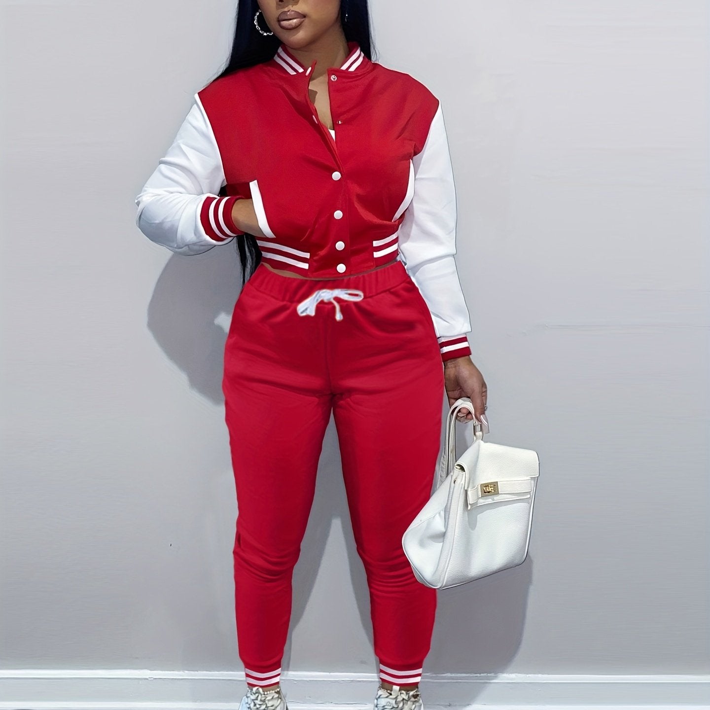 Women'S Casual Baseball Jacket and Pants Set - Solid Color, Long Sleeve, Regular Fit, Two-Piece with Single-Breasted Buttons, Casual |Casual Style|Singlebreasted Jacket