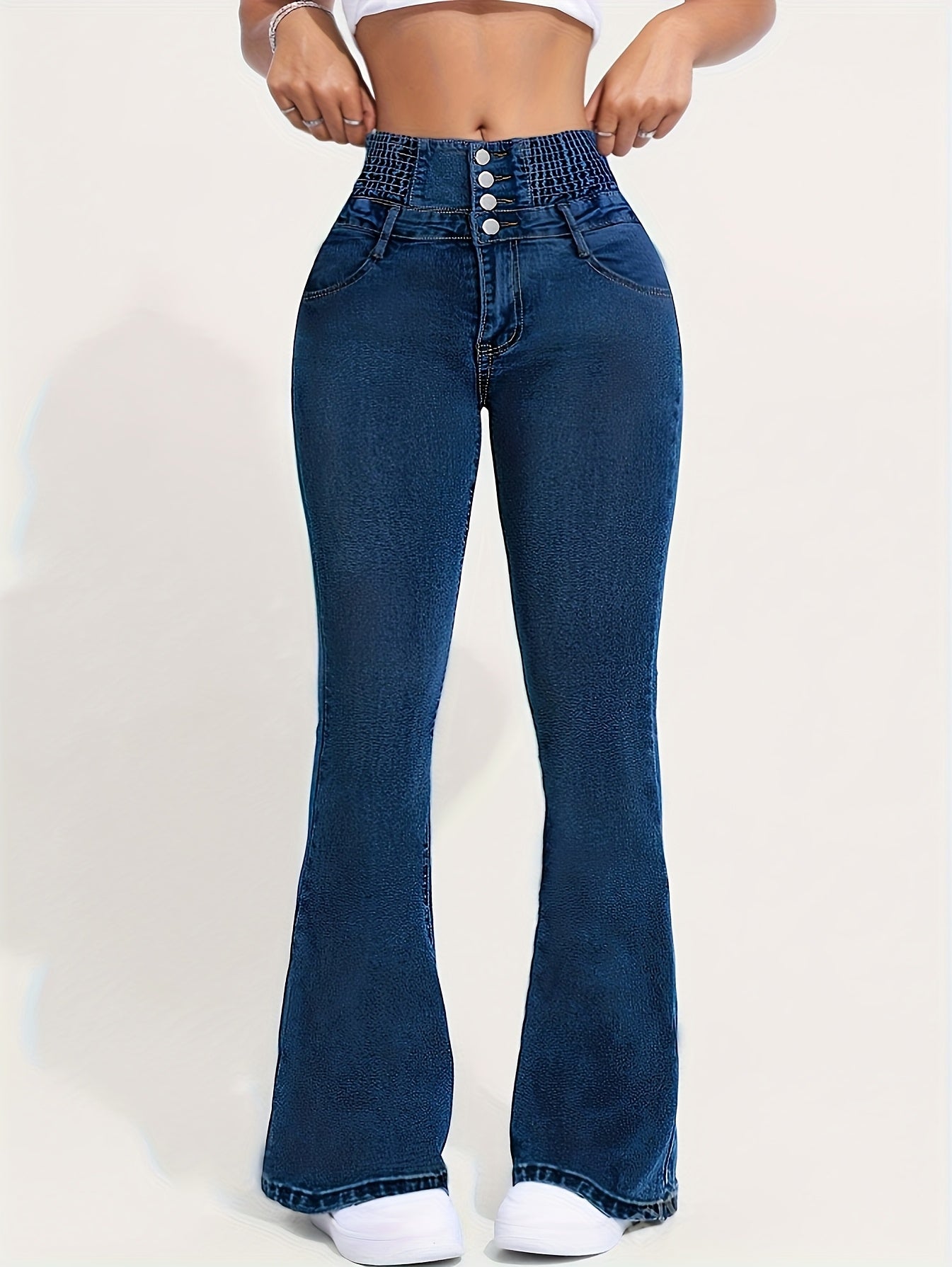 High Waist Flare Leg Jeans for Women, Vintage Style, with Shirring Detail, Button Fly and Zipper Closure, Multiple Pockets, Washed Solid Blue Denim, Elastic High Stretch, for All-Season Wear