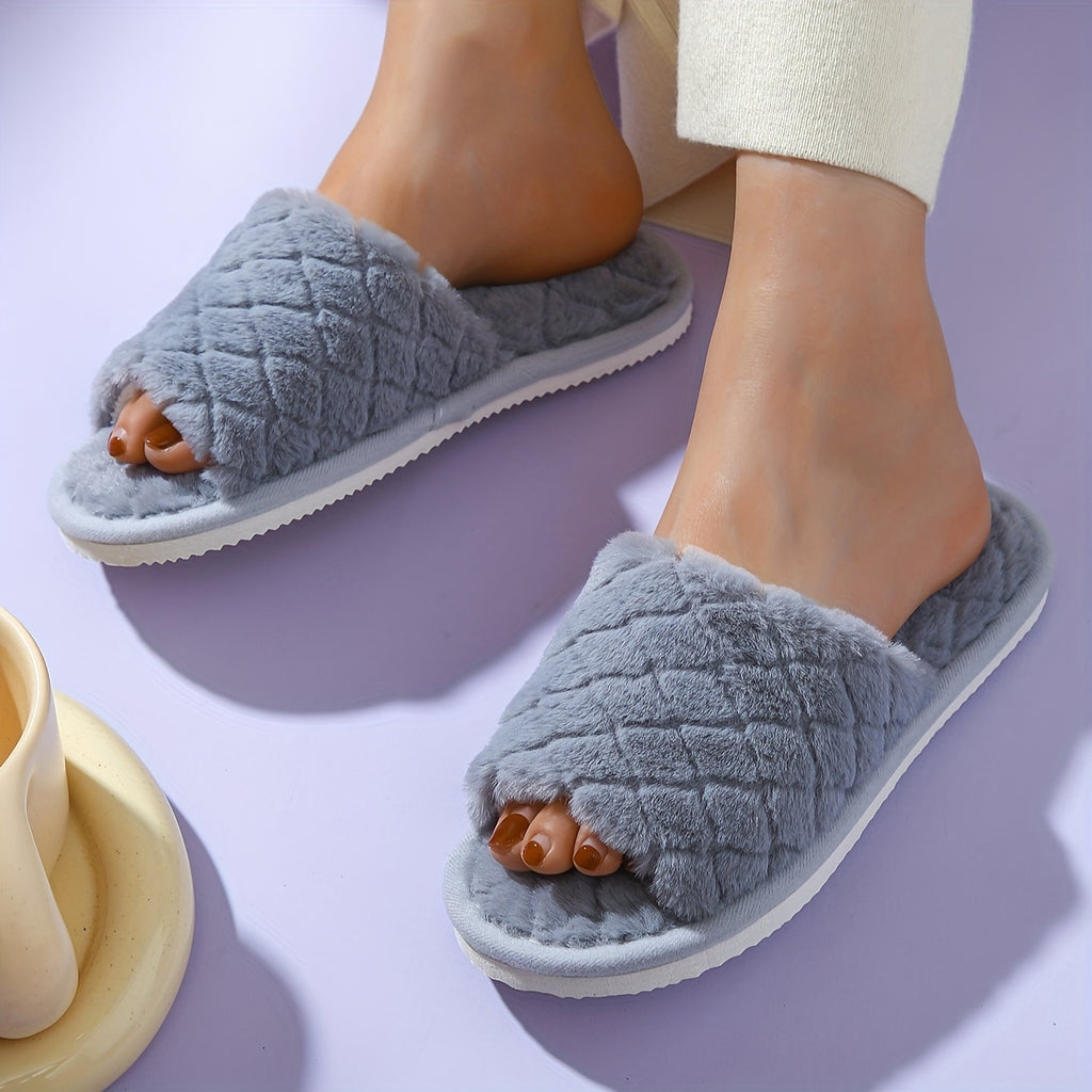 Cozy Plush Slippers - Soft Fabric Inner, Slip-Resistant EVA Sole, Plaid Pattern, Open-Toe Design, Non-Slip Flat Soft Sole, Fluffy Slides for Indoor Warmth and Comfort - Perfect for Cold Winter Days