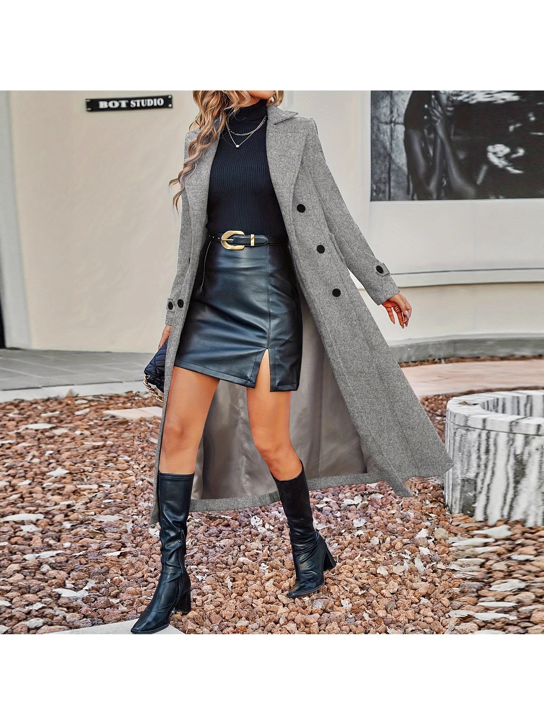 Women'S Elegant Double-Breasted Fleece Coat - Winter Warm Long Sleeve Trench Coat with Golden-Tone Buttons, Classic Solid Color (Beige/Navy/Black/Brown) | Structured Fit & Smooth Texture | Versatile Outerwear for Casual & For