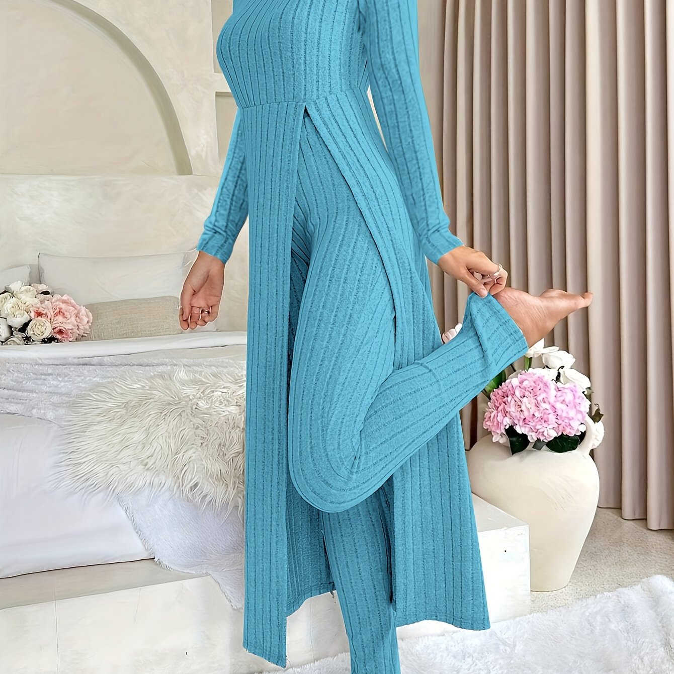 [Targeted]Two-piece Set of Ribbed Long-sleeved Top and Pants for Women