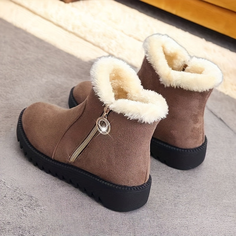 Women'S Winter Snow Boots with Side Zipper & Rhinestone Chain - Thick Rubber Sole, Warm Fleece Lining, Round Toe & Cushioned Insole - Elegant Casual Boots for