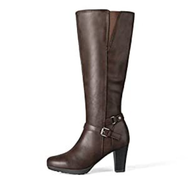 Women's Chunky Heel Knee-High Boots - Full-Length Round Toe PU Dress Boots with Back Zipper Closure, Thick Platform Heel (TPR Sole) & PU - Elegant Brown/ for Dresses, Skirts, Jeans - Versatile Fall Outfit