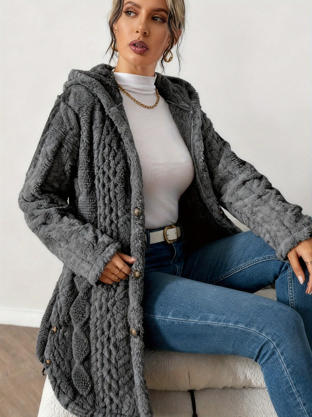 Women's Plush Fuzzy Hooded Cardigan Coat - Luxe Cable--Like Jacket with Button-Front Closure, Soft Beige Winter Sweater for Blouses & Jeans, Hand Washable Mid-Length Outerwear (No Belt)