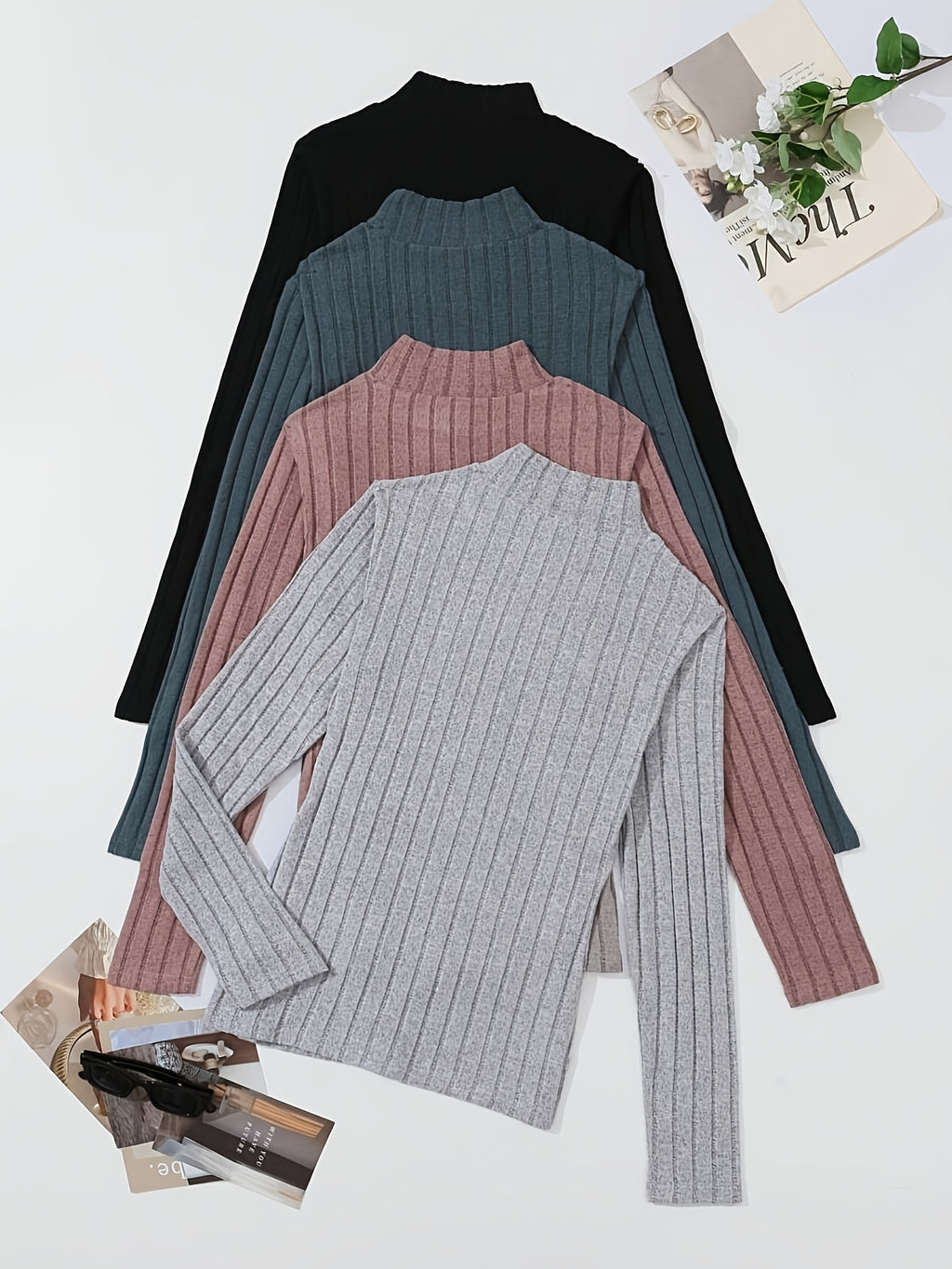 4pcs Solid Color Ribbed T-Shirt Set