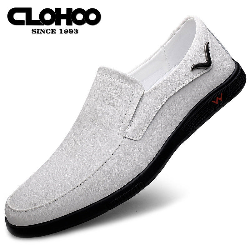 CLOHOO Men's Slip-On/Slip-Resistant Genuine Leather-like (Split Cowhide) Shoes - All-Season Casual & Dressy -like Sneakers with PU, Non-Skid Rubber Sole, Black/Brown for Business, Vacation, Casual Attire (No Laces)