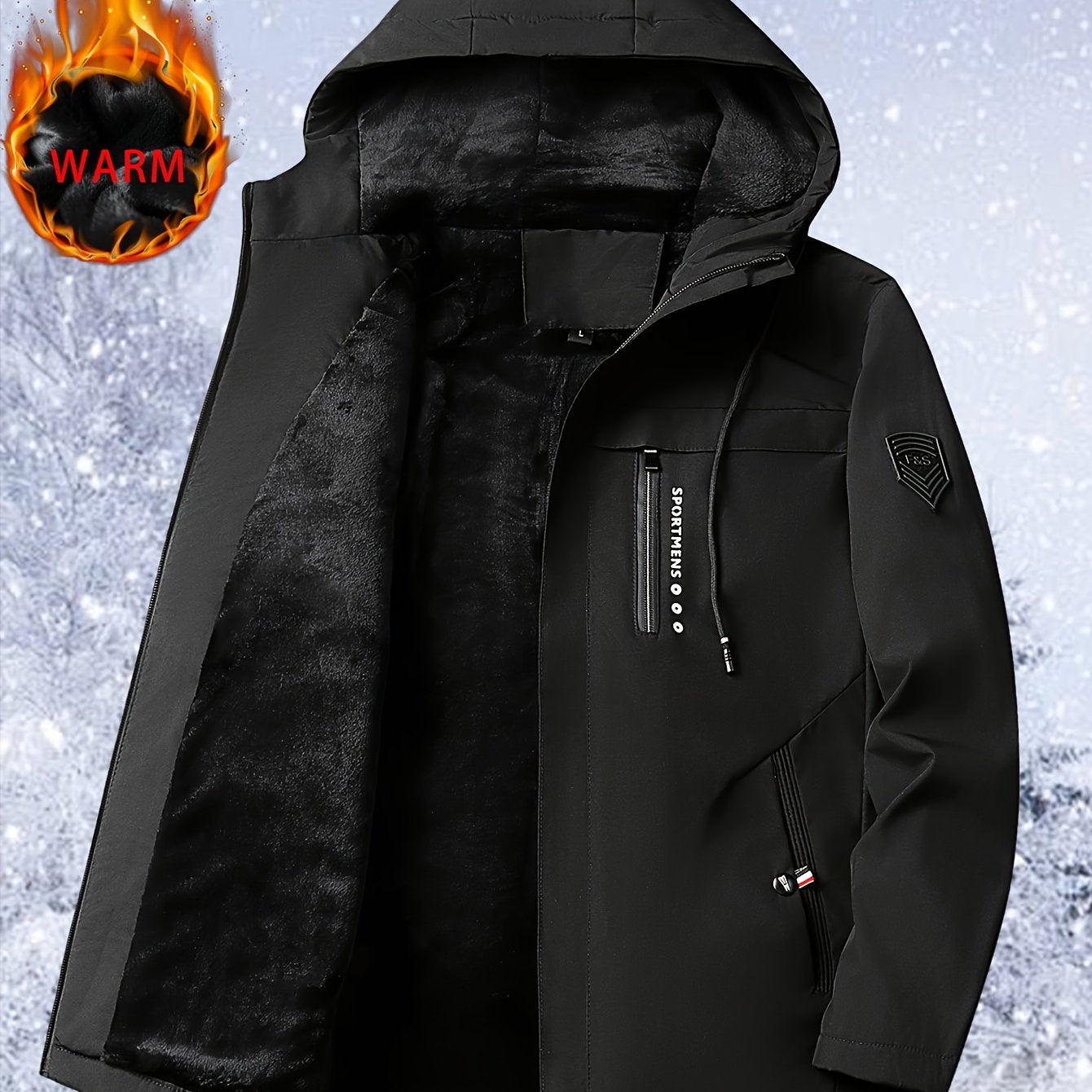 Men's Heavy-Duty Windproof Winter Jacket with Full-Zip Hooded Hoodie, & Snowboard Coat - Machine Washable Cold Weather Gear, Long Sleeve Zippered Pockets (No Belt) for Hiking, Snow Travel - Black/Blue Color Options (