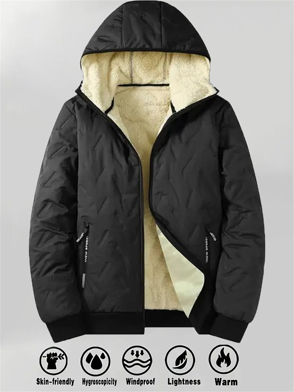 2pcs - High quality two-piece Men's standing collar jacket, long sleeved jacket, Men's hooded long sleeved jacket, Men's winter casual jacket set, with plush lining polyester fabric zipper pocket, suitable for sports, leisure