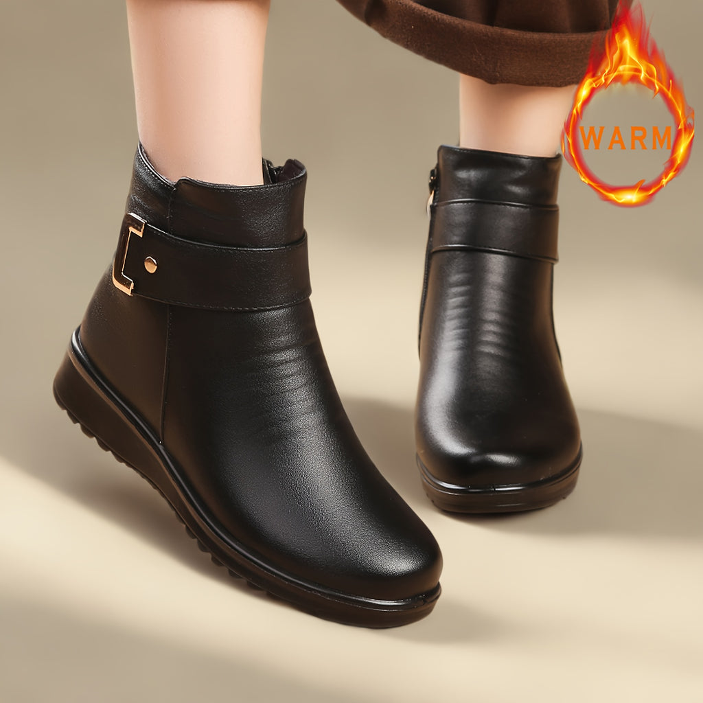 Women's Fleece-Like Winter Boots with Dress Compatibility - Retro Round-Toe Ankle Booties, Golden-Tone Buckle-Like Zipper Closure, Faux Cover Upper & PU Sole, Warm Round Heel for Dresses/Coutfits (Casual/Dressy) - Hand Washab